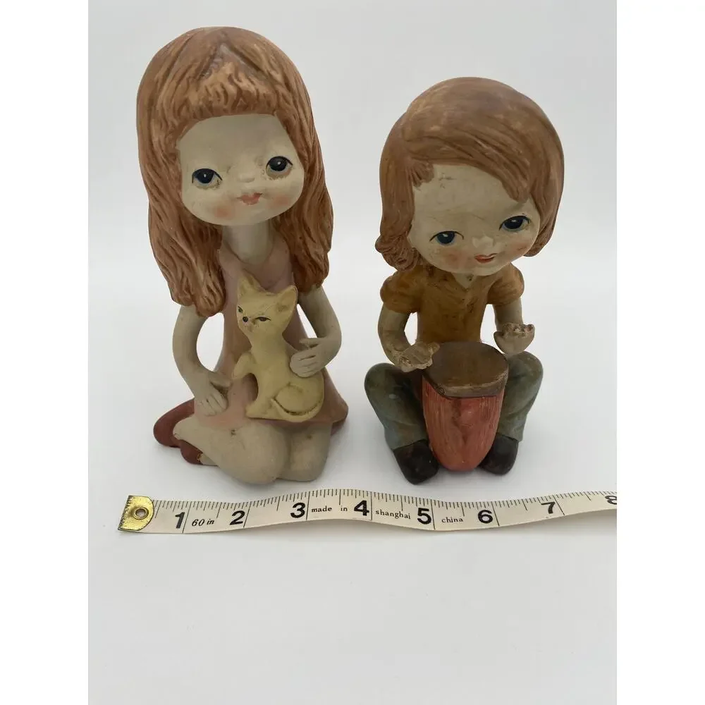 Vintage 1970s Ceramic Boy & Girl Figurine Cat Drum Set of 2